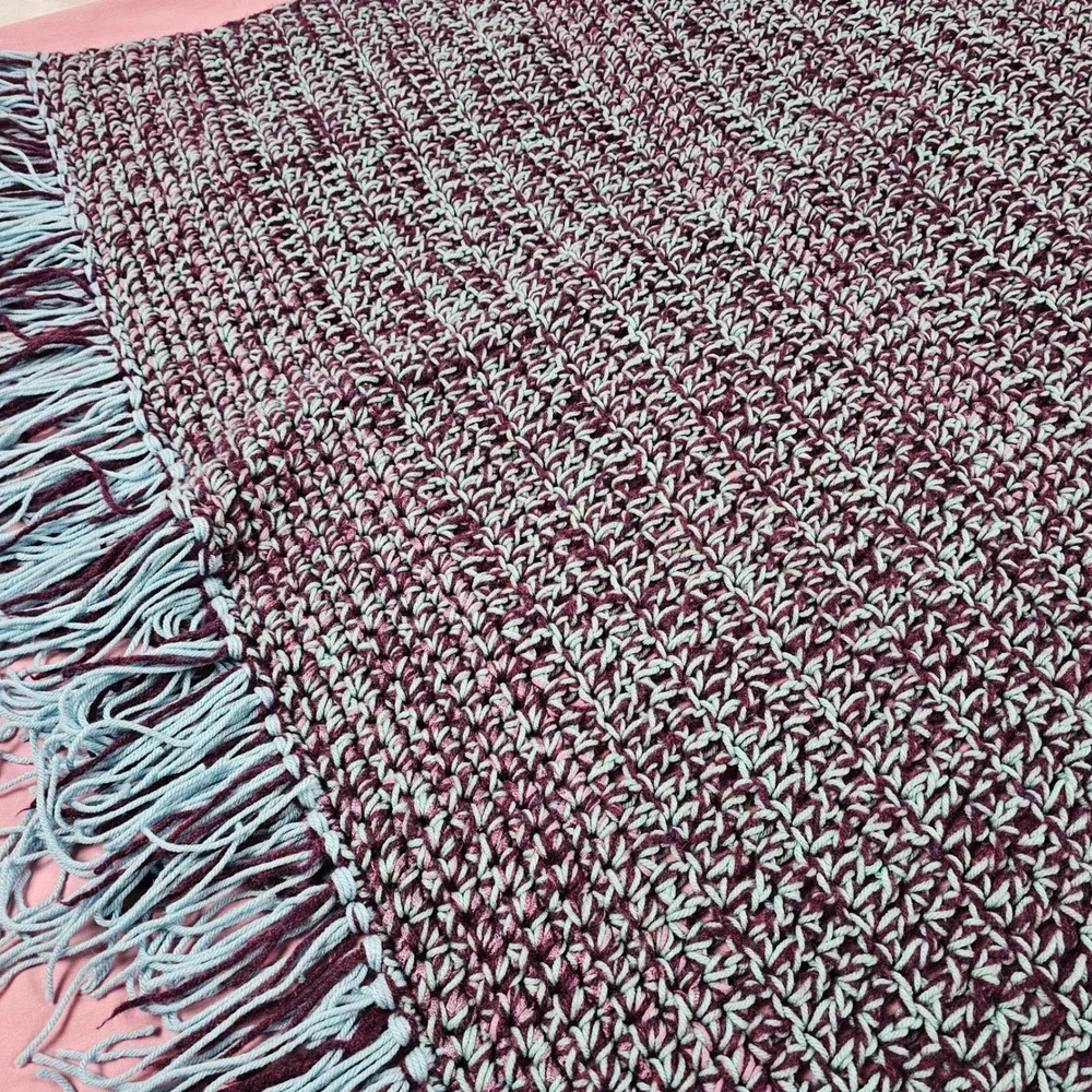 Handmade Crochet Blanket Throw Burgundy Teal Fringe Cozy Afghan‎ Home Decor Gift